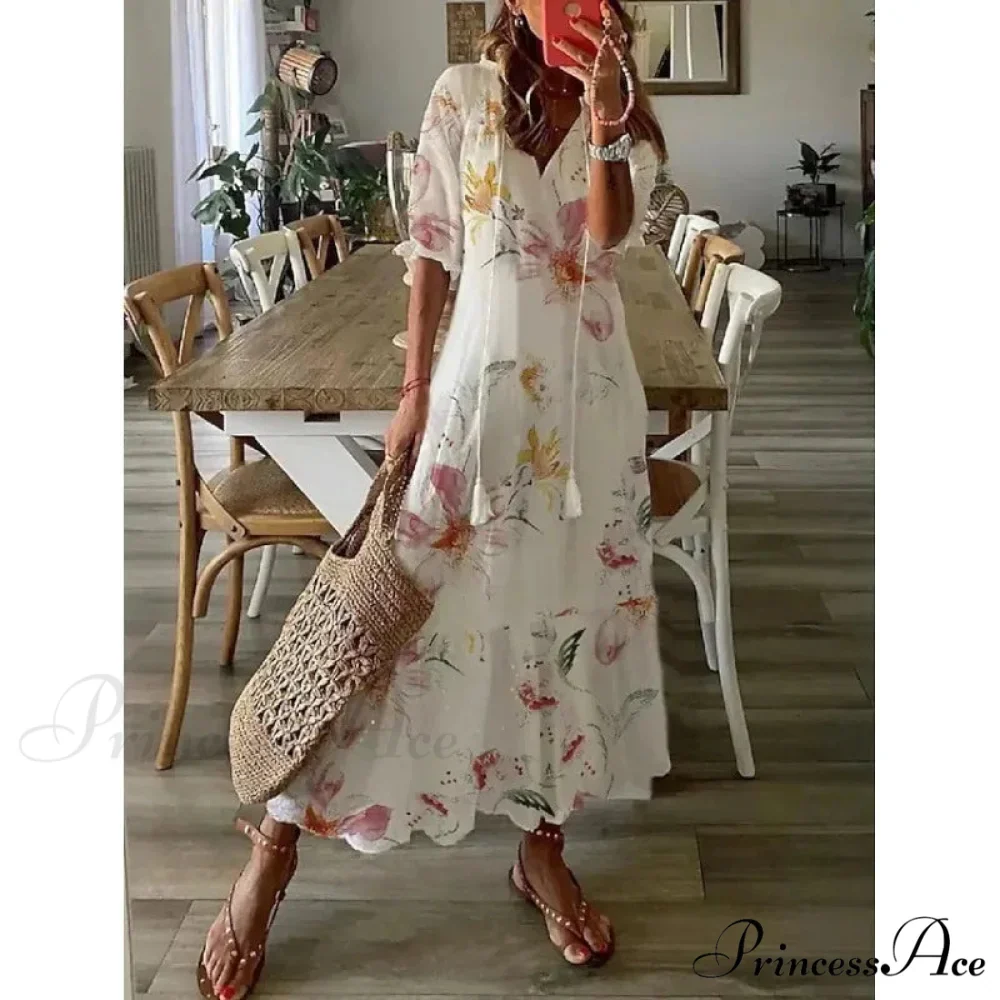Eclectic Retro Flowery Plunging Neckline Summer Beach Dress - Image 10