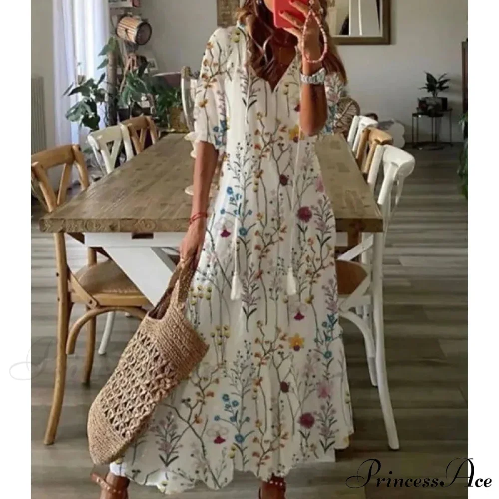 Eclectic Retro Flowery Plunging Neckline Summer Beach Dress - Image 16