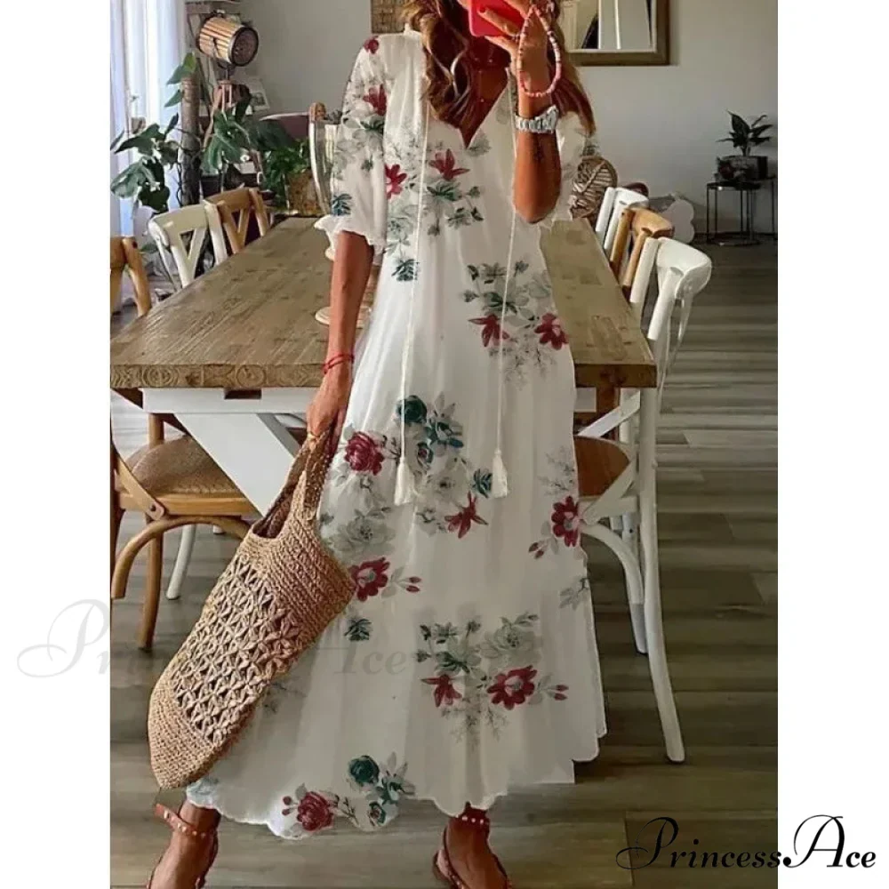 Eclectic Retro Flowery Plunging Neckline Summer Beach Dress - Image 9