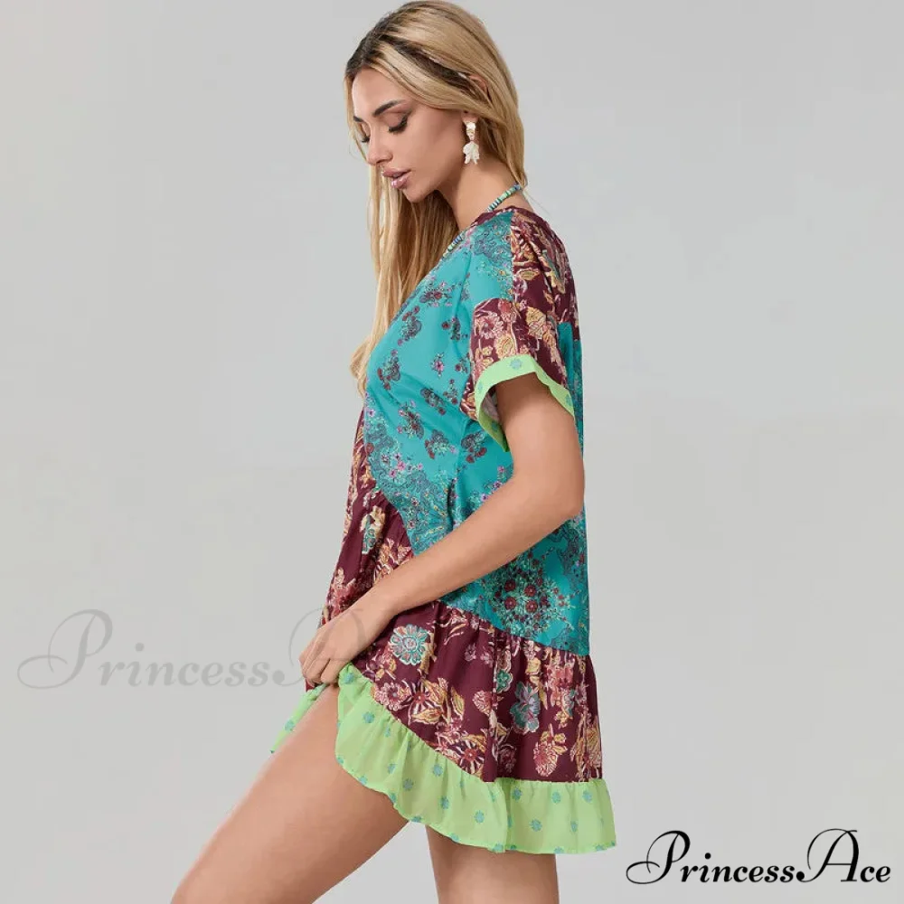 Eclectic Seaside Botanical Pattern Airy Dress with Pockets - Image 2