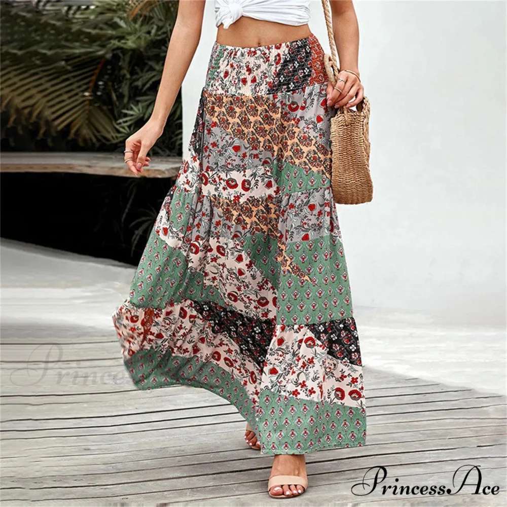 Eclectic Stretchy Waist Botanical Pattern Retro Skirt - Image 3