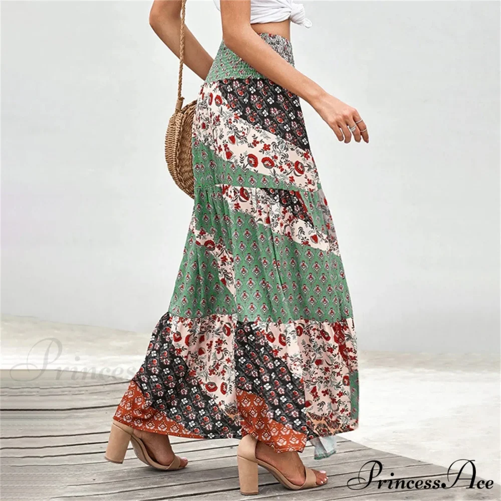 Eclectic Stretchy Waist Botanical Pattern Retro Skirt - Image 4