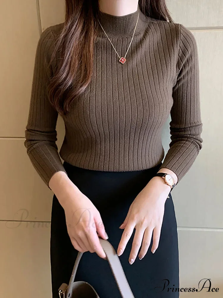Elegant High-necked Solid Cashmere Jumper Stylish Knit Top - Image 2