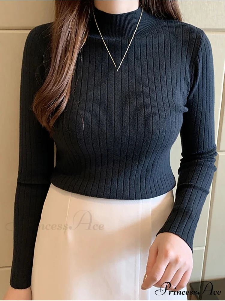 Elegant High-necked Solid Cashmere Jumper Stylish Knit Top - Image 3