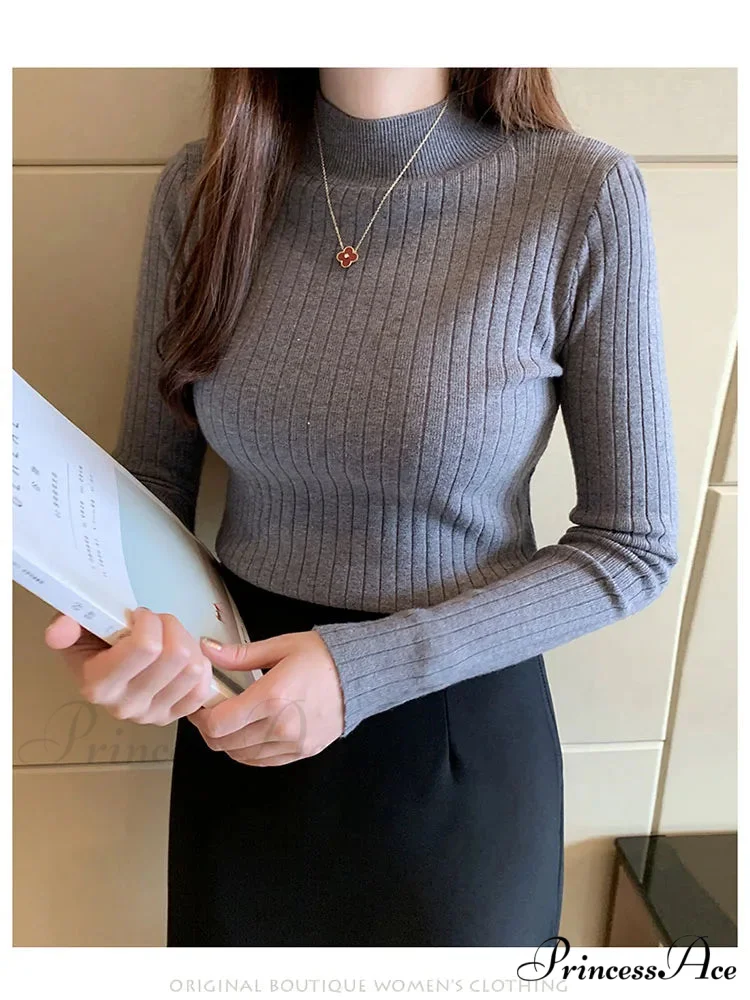 Elegant High-necked Solid Cashmere Jumper Stylish Knit Top - Image 6