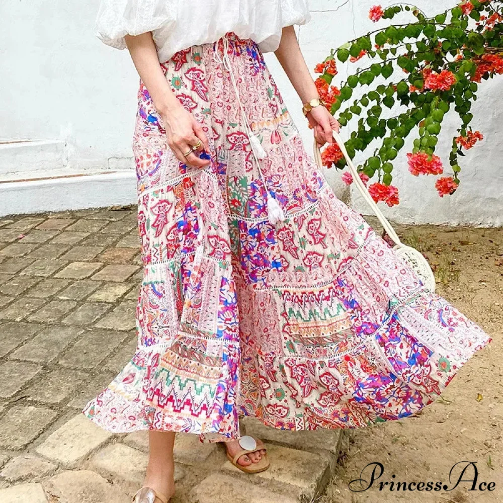 Elevated Waist Blossom Shore Skirt Lace Patchwork Stylish Cotton Maxi - Image 2