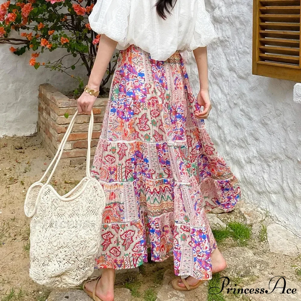 Elevated Waist Blossom Shore Skirt Lace Patchwork Stylish Cotton Maxi - Image 3