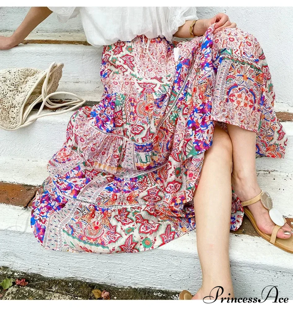 Elevated Waist Blossom Shore Skirt Lace Patchwork Stylish Cotton Maxi - Image 4