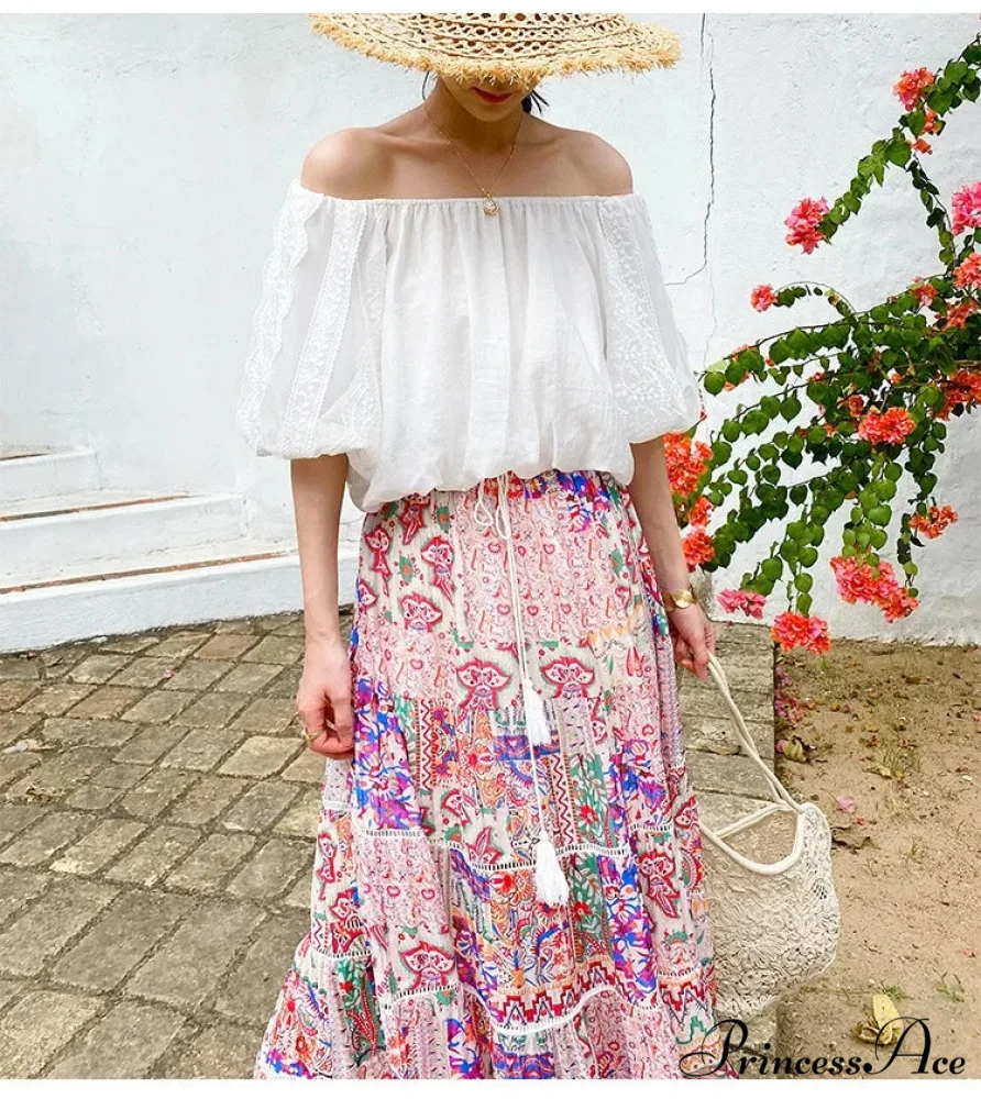 Elevated Waist Blossom Shore Skirt Lace Patchwork Stylish Cotton Maxi - Image 5