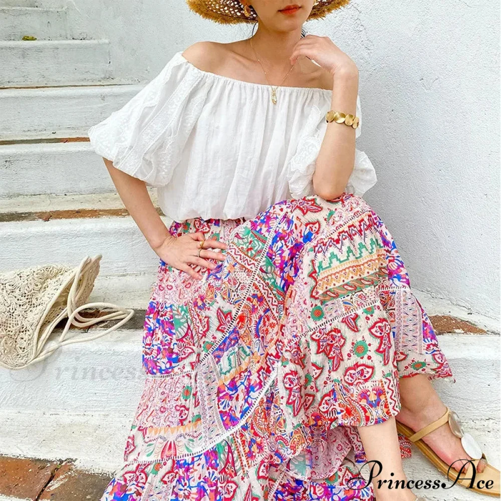 Elevated Waist Blossom Shore Skirt Lace Patchwork Stylish Cotton Maxi - Image 6