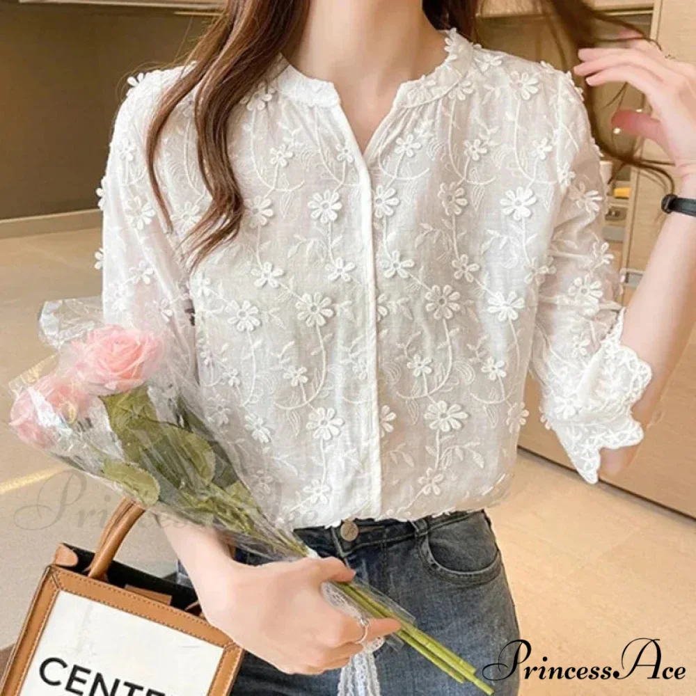 Embroidered Floral Short Sleeve Informal White Blouse - Image 2