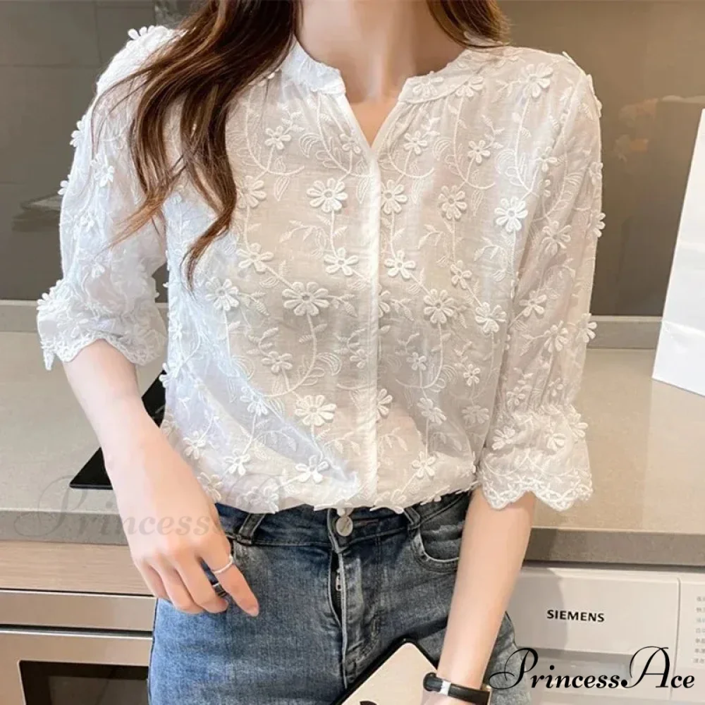 Embroidered Floral Short Sleeve Informal White Blouse - Image 3