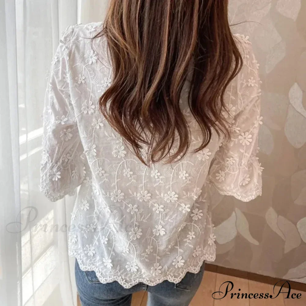 Embroidered Floral Short Sleeve Informal White Blouse - Image 4