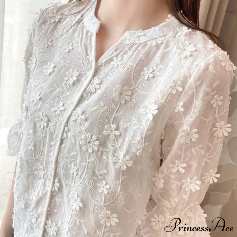 Embroidered Floral Short Sleeve Informal White Blouse - Image 5