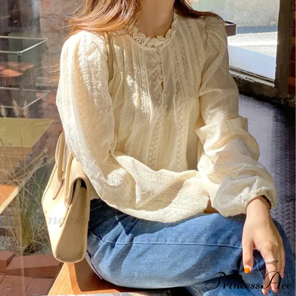 Embroidered Peach Puff Sleeve Blouse - Image 4