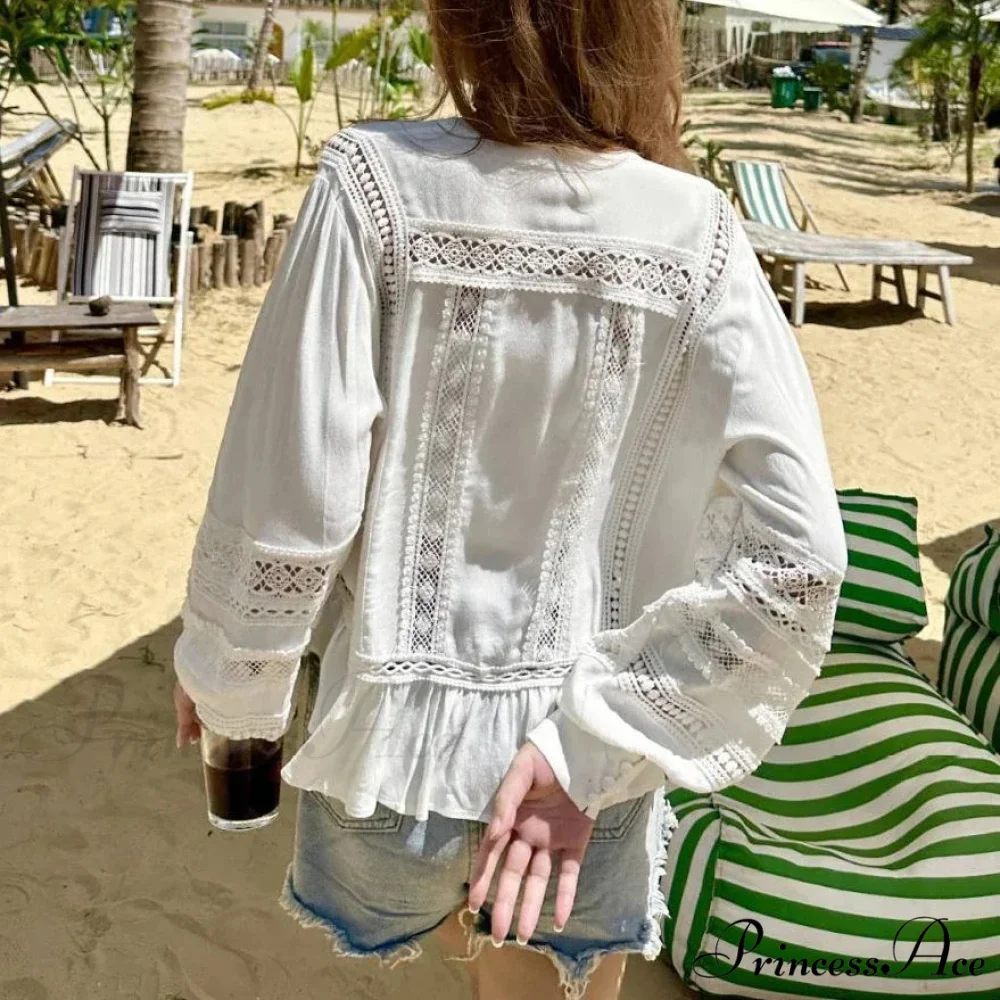 Empty Lace Ethnic Extended Sleeve Frills Boho Blouse - Image 2