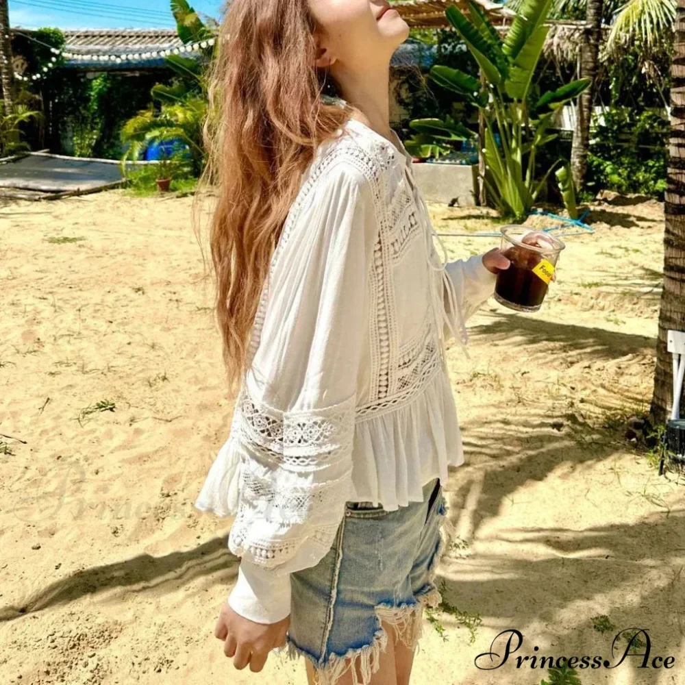 Empty Lace Ethnic Extended Sleeve Frills Boho Blouse - Image 4