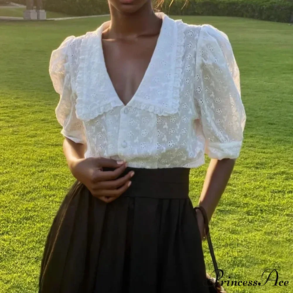 Empty Lace Puff Sleeve Peter Pan Collar Blouse - Image 3