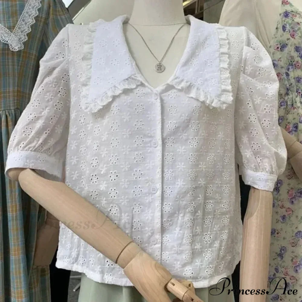 Empty Lace Puff Sleeve Peter Pan Collar Blouse - Image 6