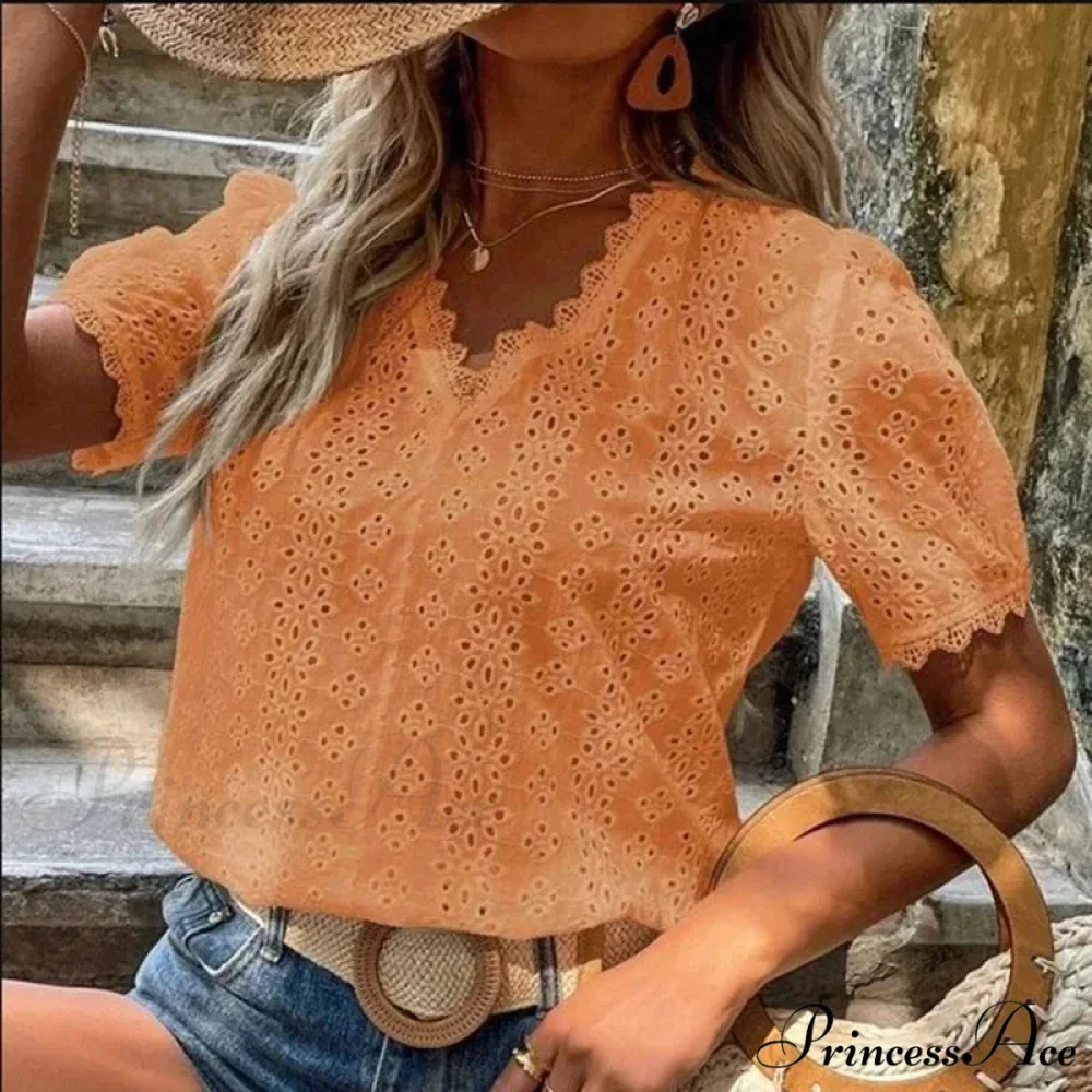 Empty Lace Puff Sleeve V-neck Sweater Blouse - Image 3