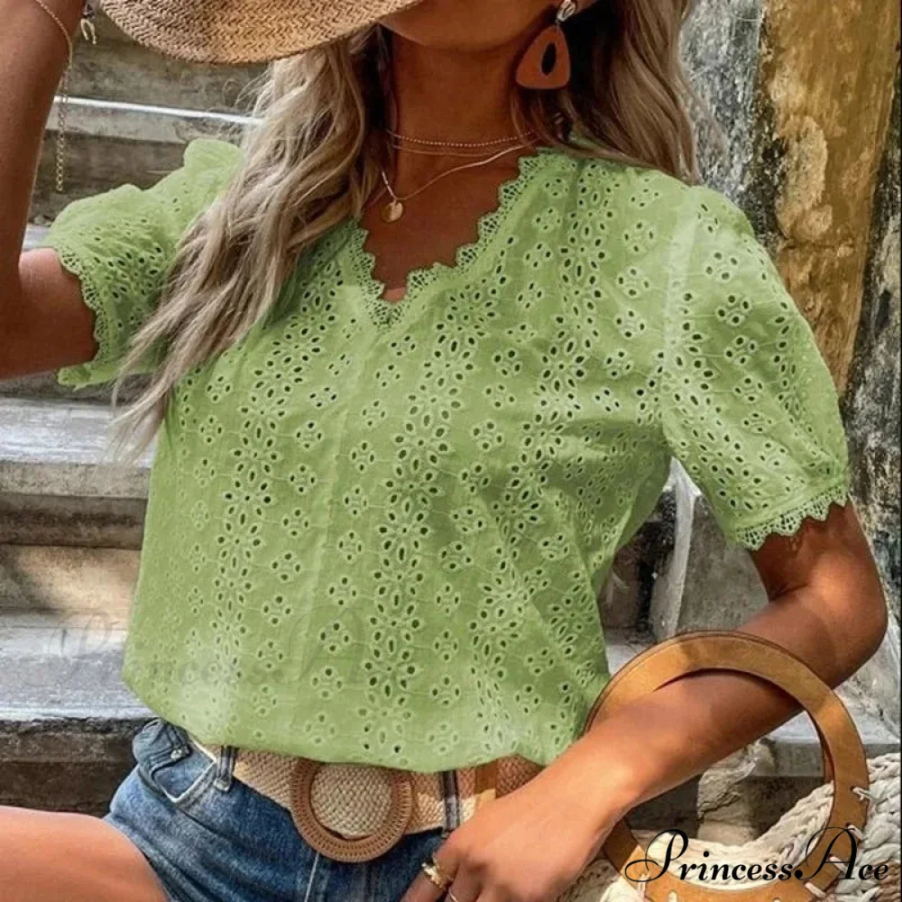 Empty Lace Puff Sleeve V-neck Sweater Blouse - Image 4