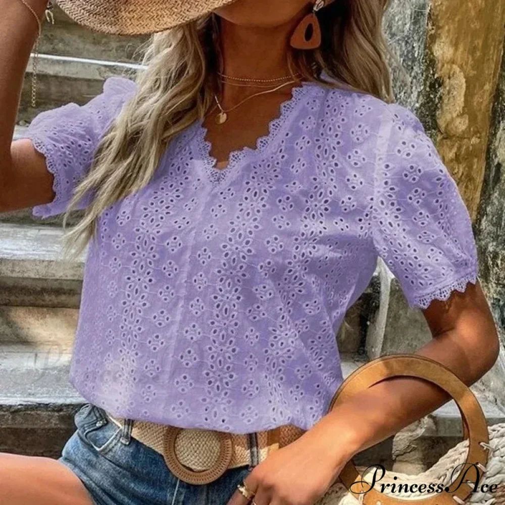 Empty Lace Puff Sleeve V-neck Sweater Blouse - Image 5