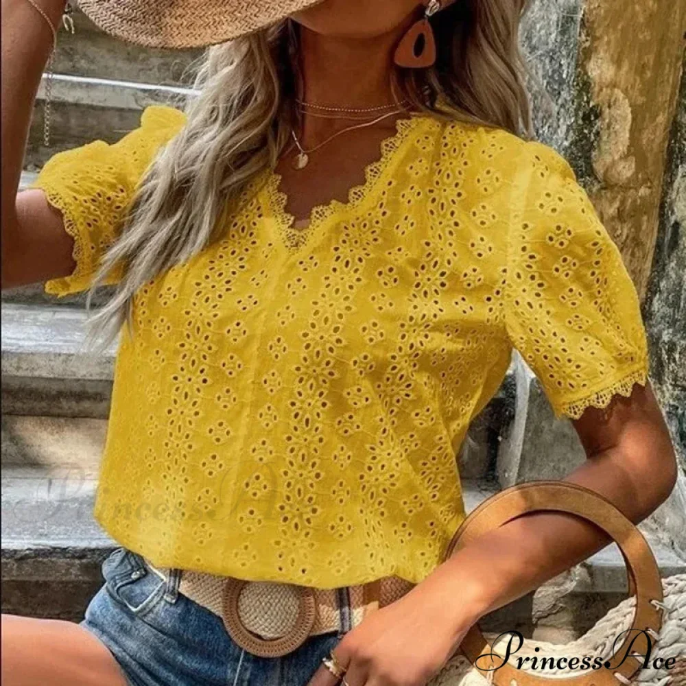 Empty Lace Puff Sleeve V-neck Sweater Blouse - Image 6