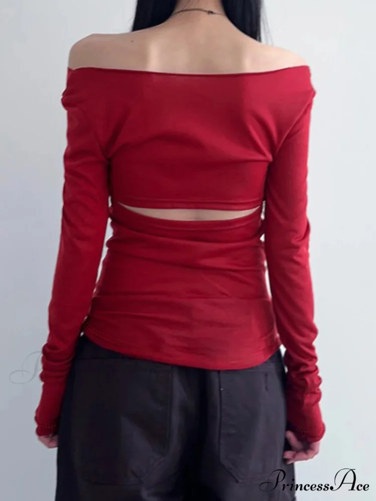 Empty Out Bandage Slim Backless Slash Neck Extended Sleeve Knit Top - Image 2