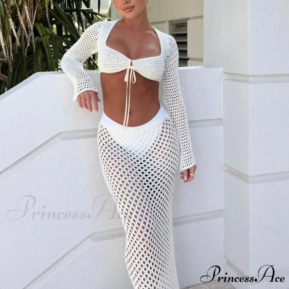 Empty Out Extended Sleeve Tie-Up Crop Top Fringe Bodycon Maxi Skirt Two Pieces Set - Image 3
