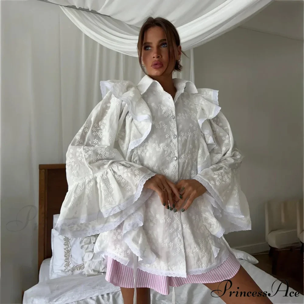 Empty Out Lotus Leaf Border White Blouse - Image 6