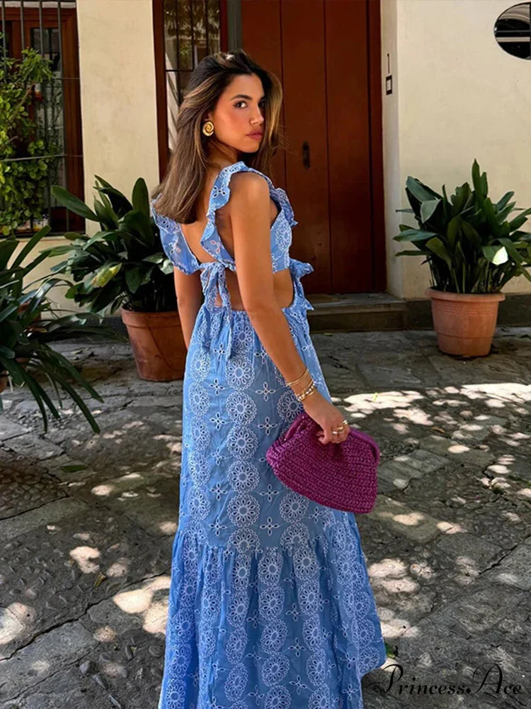 Empty Out Stitched Open-Back Frill Maxi Dress - Image 2