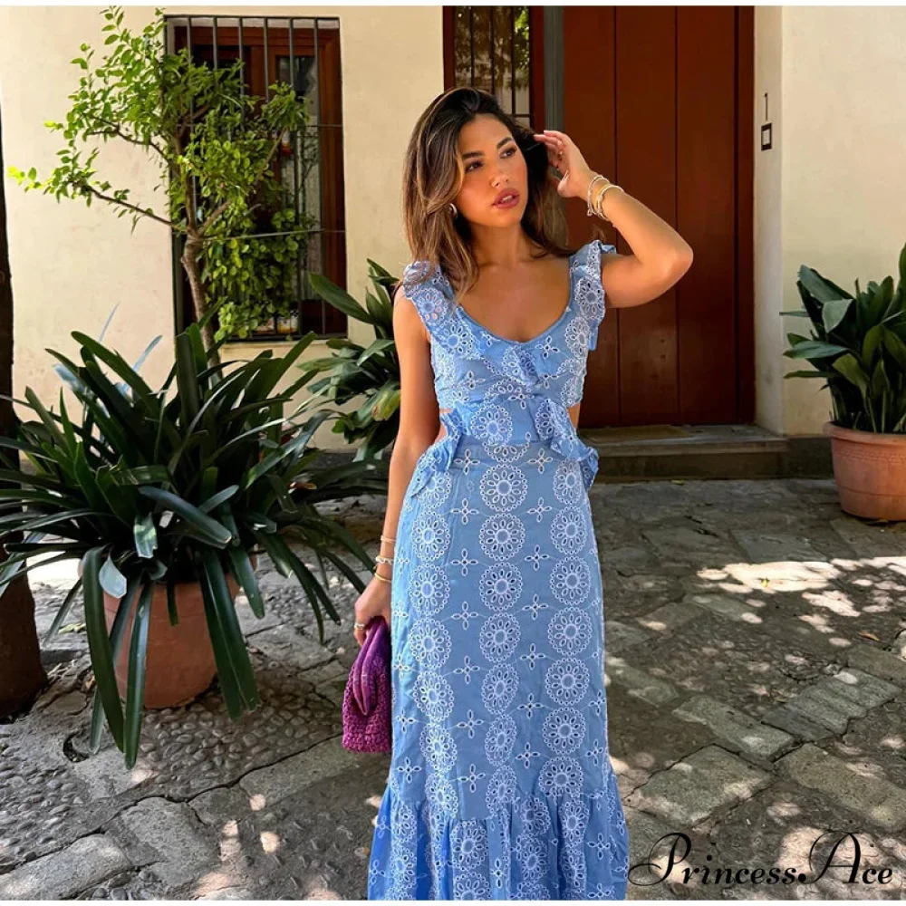 Empty Out Stitched Open-Back Frill Maxi Dress - Image 7
