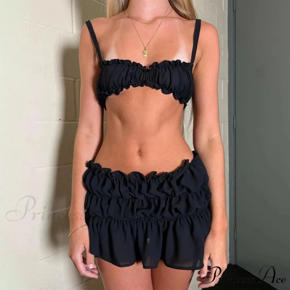 Enchanting 2 Piece Skirts Ensembles Frills Spaghetti Strap Cami Crop Tops + Ruched Mini Pencil Skirt Women Y2K Vintage Streetwear - Image 2