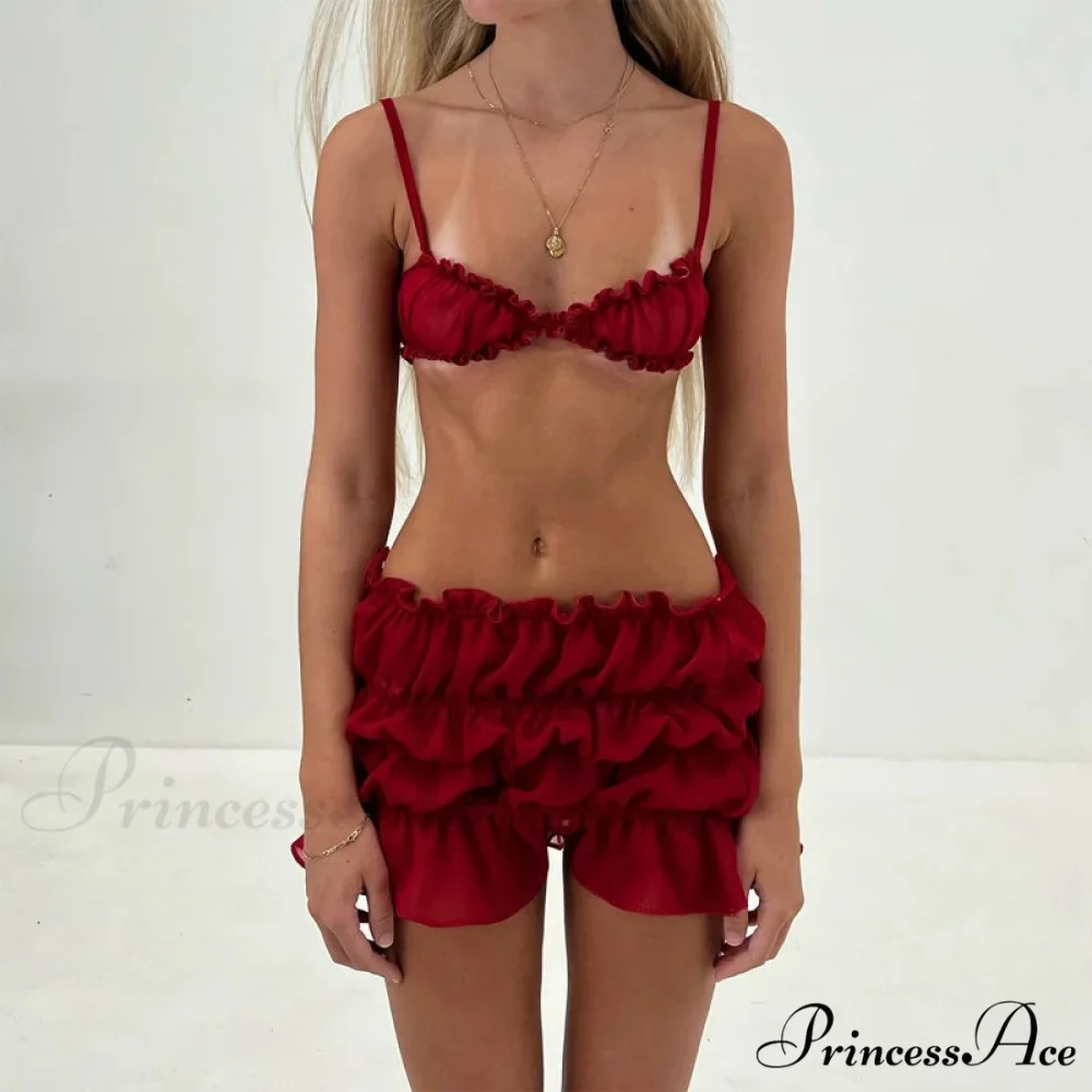 Enchanting 2 Piece Skirts Ensembles Frills Spaghetti Strap Cami Crop Tops + Ruched Mini Pencil Skirt Women Y2K Vintage Streetwear - Image 3