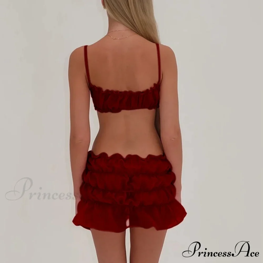 Enchanting 2 Piece Skirts Ensembles Frills Spaghetti Strap Cami Crop Tops + Ruched Mini Pencil Skirt Women Y2K Vintage Streetwear - Image 5