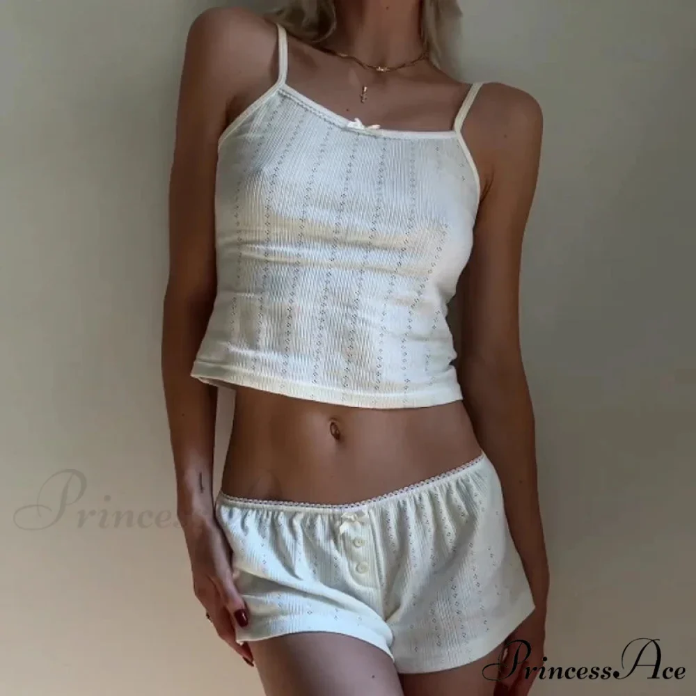 Enchanting Comfy 2 Piece Pajama Set 00s Vintage Cute Bow Sleeveless Camis Crop Tops + Shorts Y2K Women Sleepwear Loungewear - Image 11