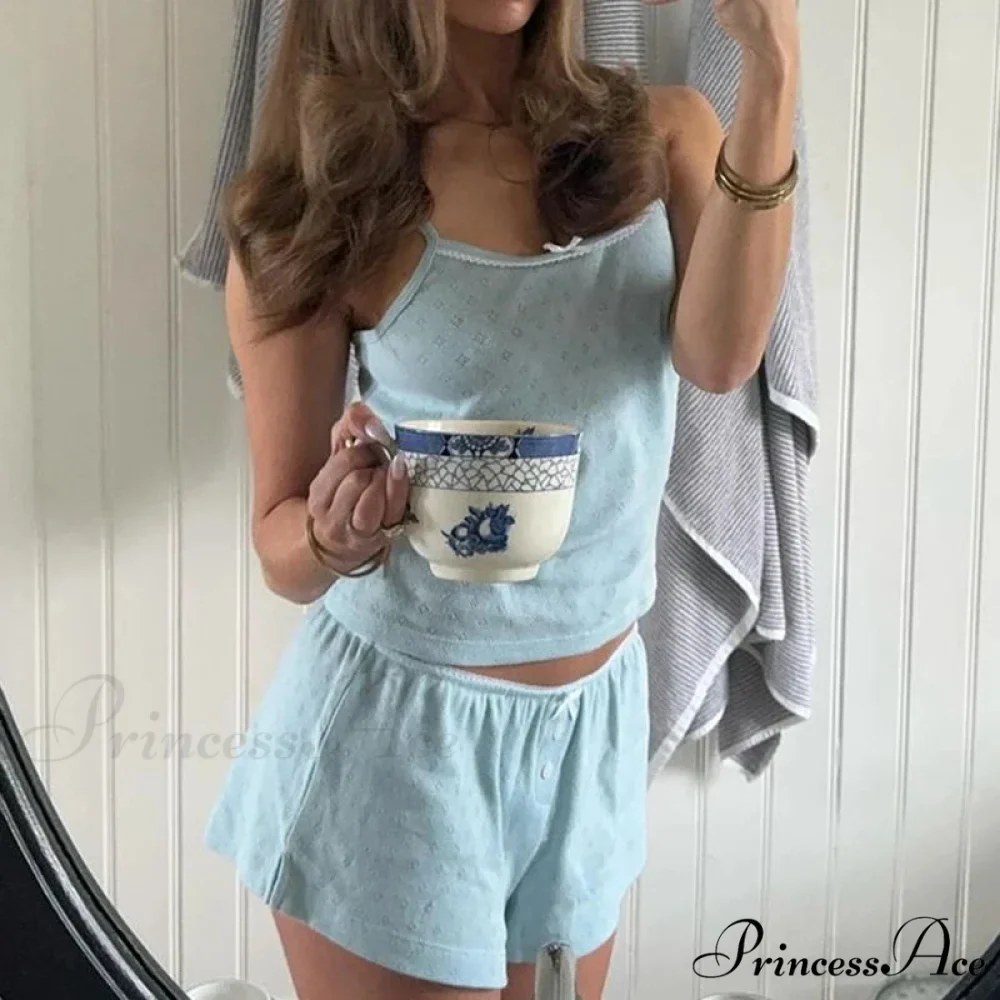 Enchanting Comfy 2 Piece Pajama Set 00s Vintage Cute Bow Sleeveless Camis Crop Tops + Shorts Y2K Women Sleepwear Loungewear - Image 2