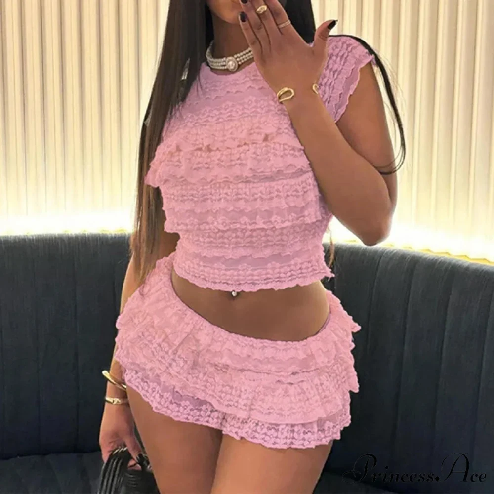 Enchanting Flirt Outfits Lace Tiered Frills Tank Tops + Mini Cake Shorts 2000s Vintage Cute 2 Piece Set Y2K Aesthetic Crop Tops - Image 2