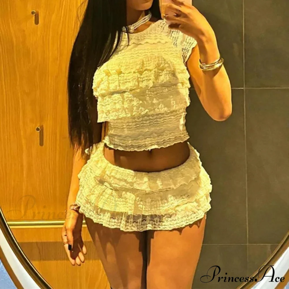 Enchanting Flirt Outfits Lace Tiered Frills Tank Tops + Mini Cake Shorts 2000s Vintage Cute 2 Piece Set Y2K Aesthetic Crop Tops - Image 4