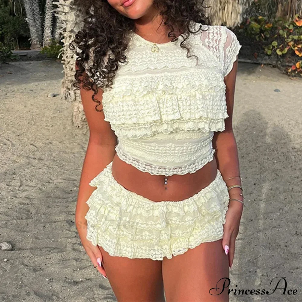 Enchanting Flirt Outfits Lace Tiered Frills Tank Tops + Mini Cake Shorts 2000s Vintage Cute 2 Piece Set Y2K Aesthetic Crop Tops - Image 6