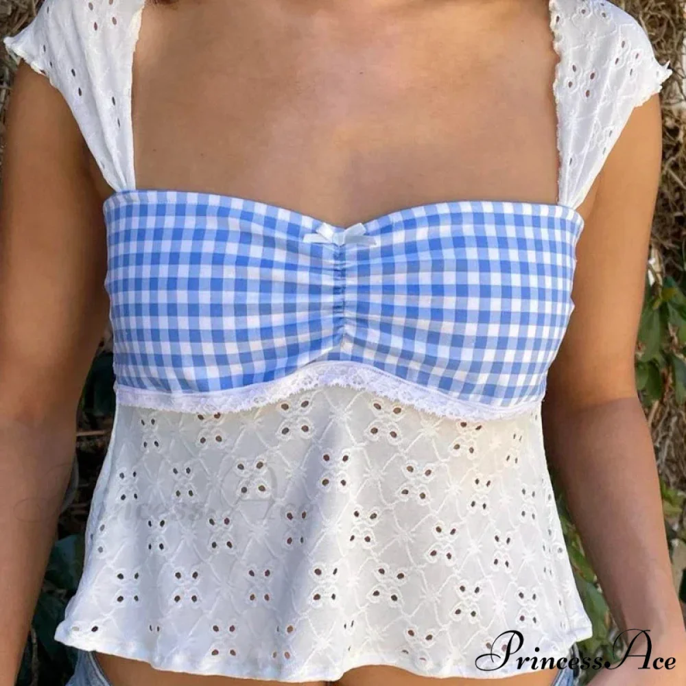 Enchanting Jacquard Eyelet Tartan Patchwork Milkmaid Tie-Up Backless Crop Top - Image 5