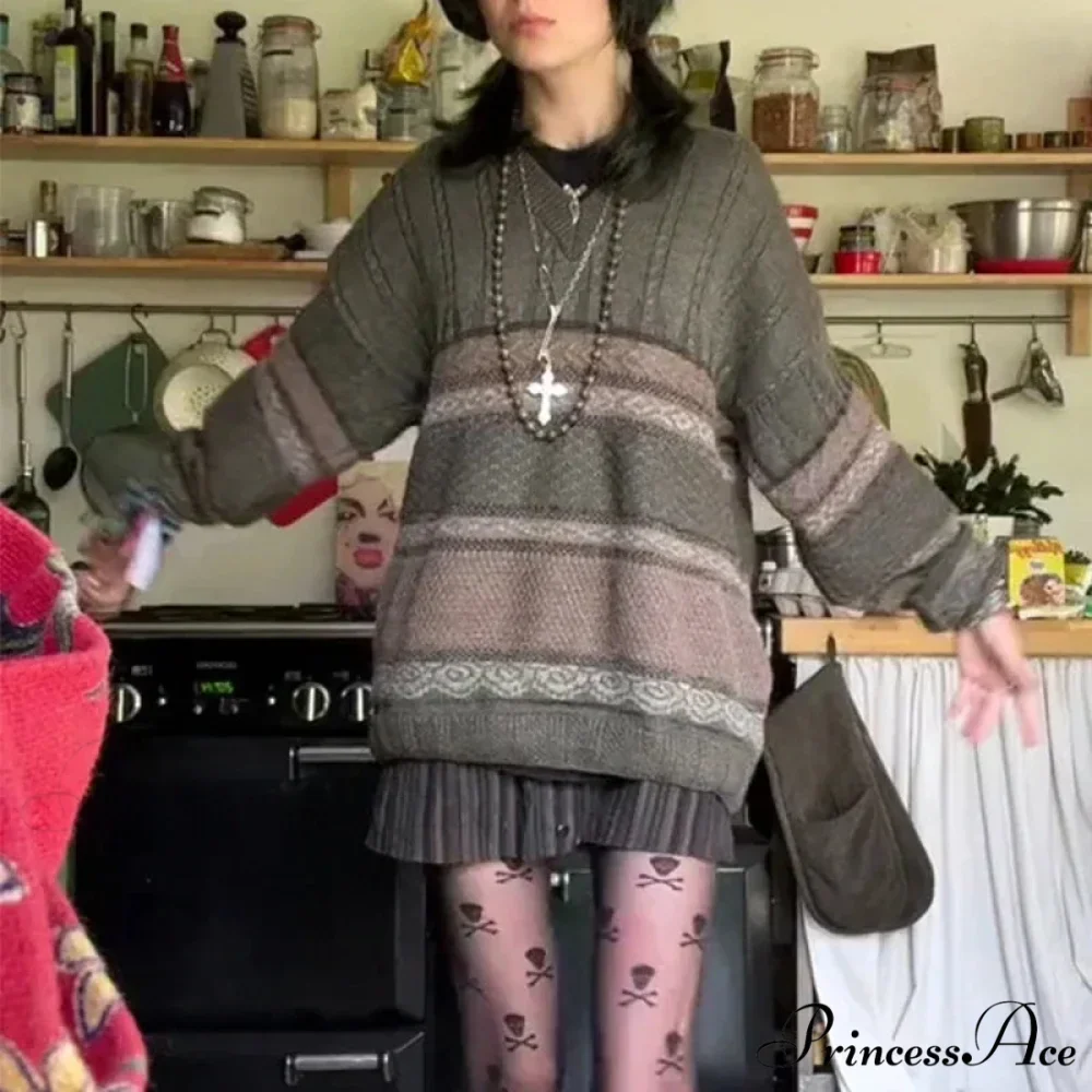 Enchantingcore Grunge Banded Pattern Sweater - Image 3