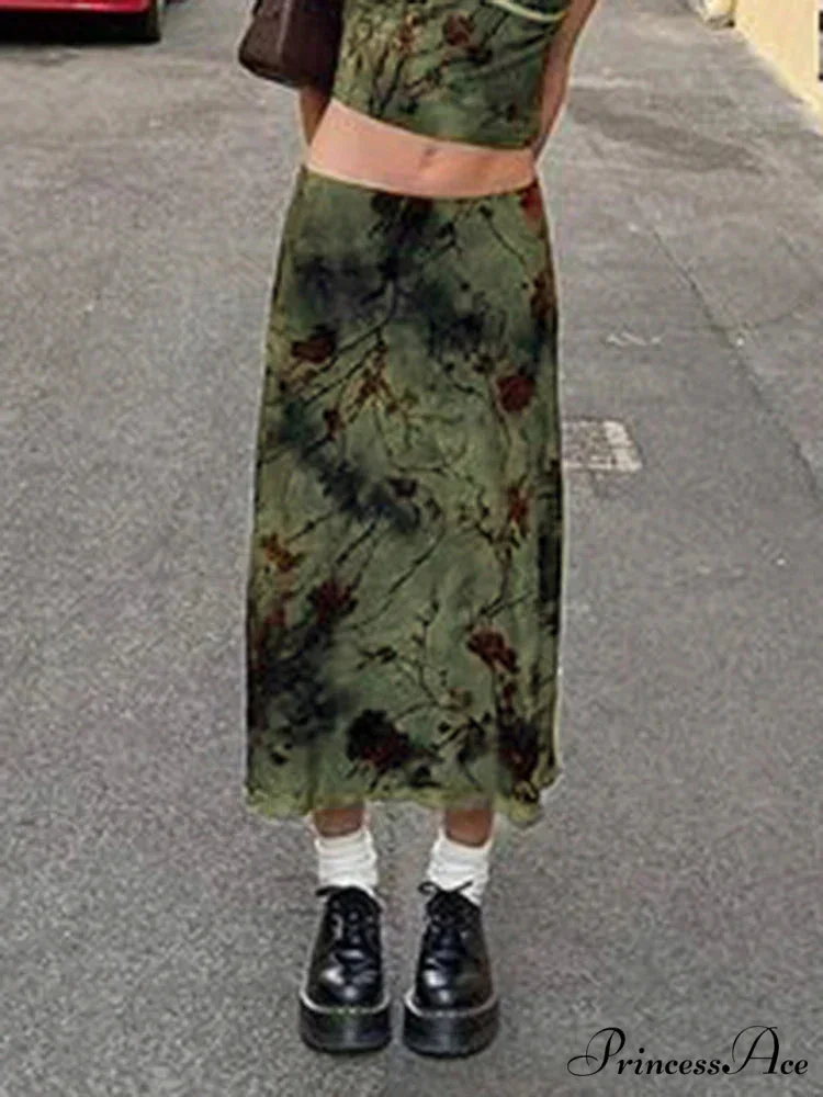 Enchantingcore Grunge Floral Printed Midi Skirt Y2K Retro Skirt - Image 2