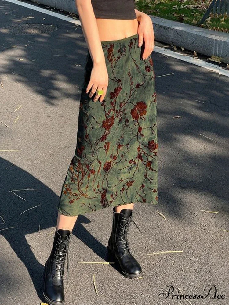Enchantingcore Grunge Floral Printed Midi Skirt Y2K Retro Skirt - Image 3
