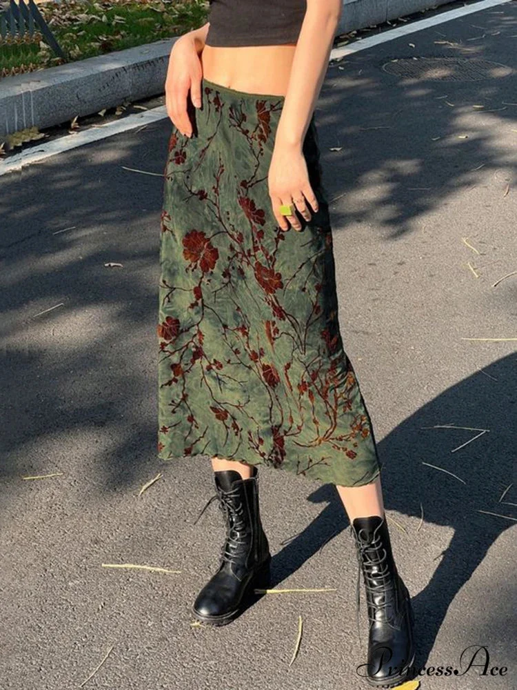 Enchantingcore Grunge Floral Printed Midi Skirt Y2K Retro Skirt - Image 4