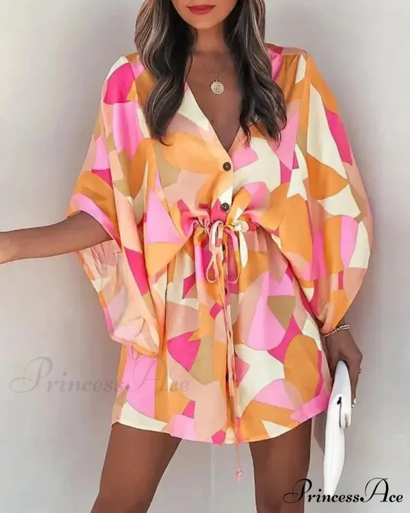 European Stylish Print V-neck Holiday Dress - Image 2