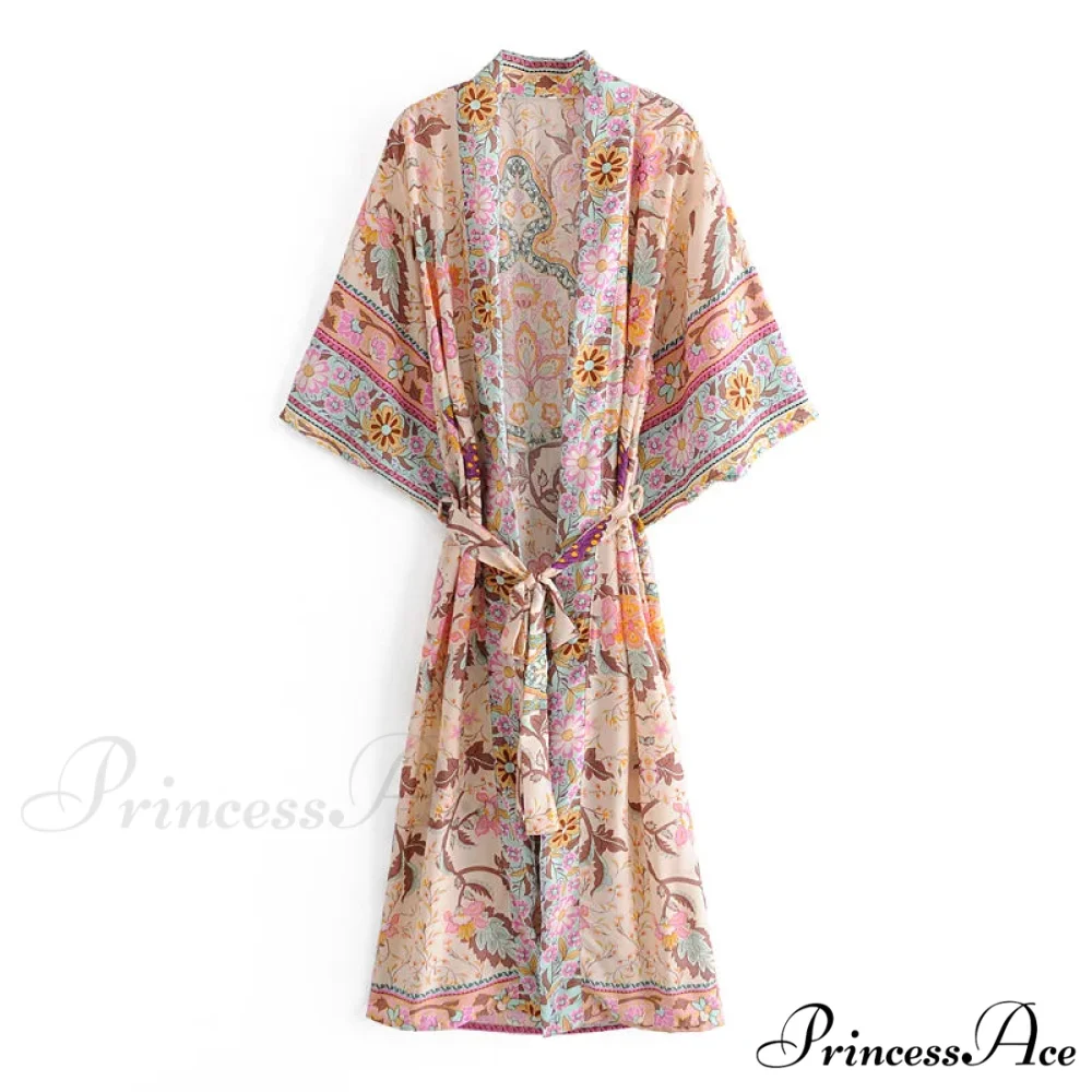 Extended Bohemian Kaftan Rayon Flower Pattern Swimsuit Cover Up - Image 3
