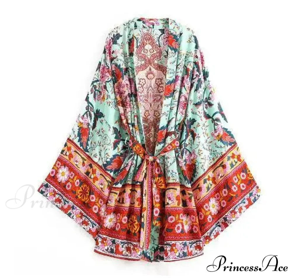 Extended Bohemian Kaftan Rayon Flower Pattern Swimsuit Cover Up - Image 4
