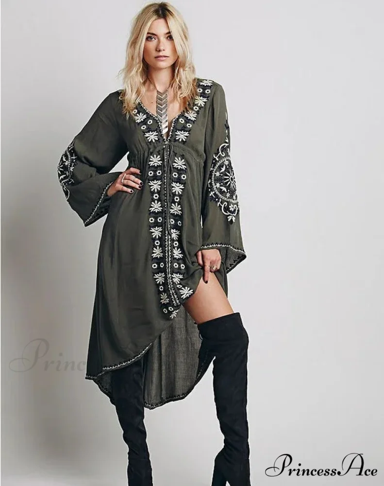Extended Sleeve Flower Stitched Cotton Bohemian Dress - Image 3