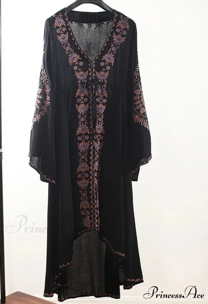 Extended Sleeve Flower Stitched Cotton Bohemian Dress - Image 5